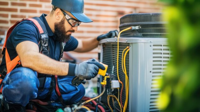Technician performs maintenance on an air conditioning unit in a residential backyard during daylight hours