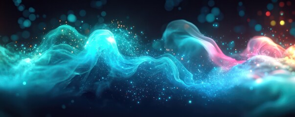 Obraz premium A 3D abstract rendering of glowing teal, blue, and magenta smoke, creating a nebula-like effect on a dark background
