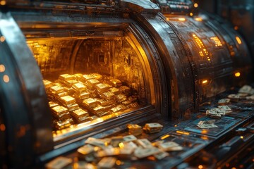 Gold bars in futuristic vault with cash, dark background, finance concept