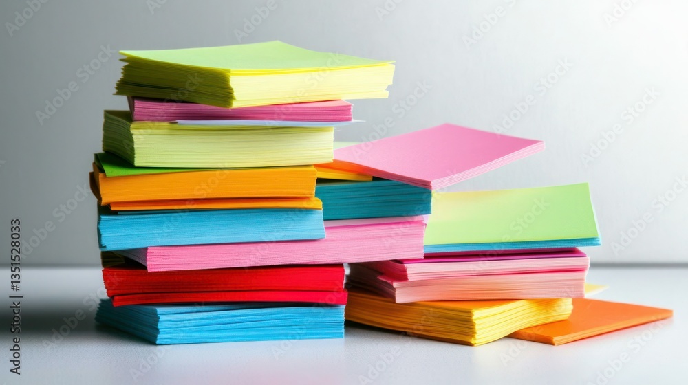 Poster a stack of sticky notes in various colors placed on a white surface.
