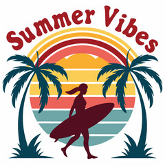 Summer Vibes SVG | Retro Sunset with Palm Trees and Surfer