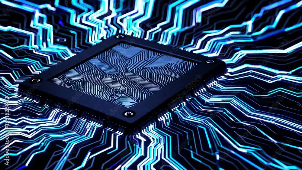Poster close-up, top-down view of a microchip with glowing circuit lines, resembling a futuristic tech vide