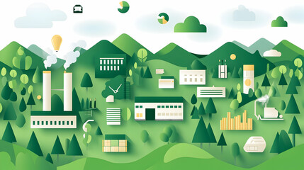 Fototapeta premium Green industry, sustainable manufacturing, eco-friendly factory amidst mountains. Background shows environmental responsibility. Use Sustainability report