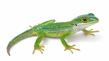 Fototapeta premium Green lizard posing against white background; wildlife photography for educational purposes