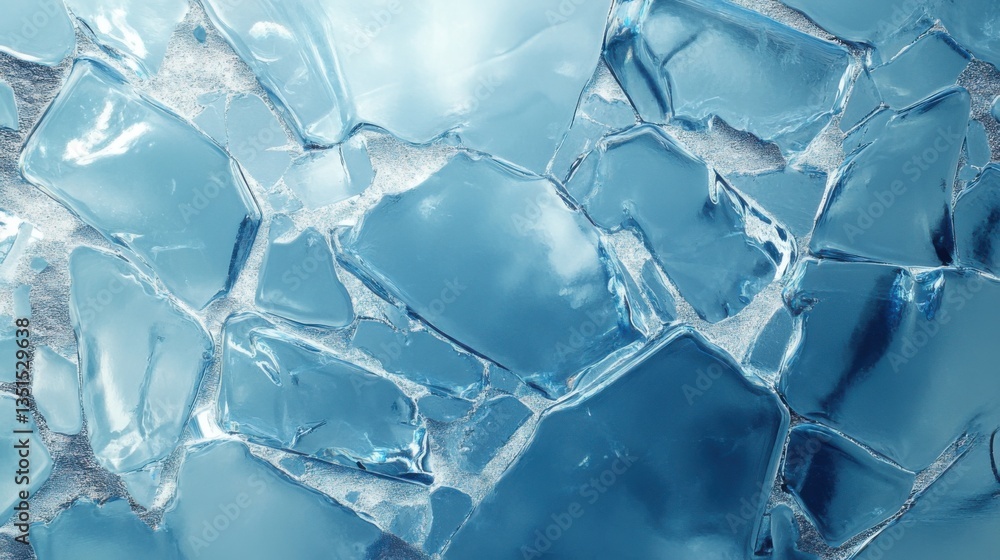 Poster ice blocks create a cool and refreshing texture with light reflections in a clear blue backdrop