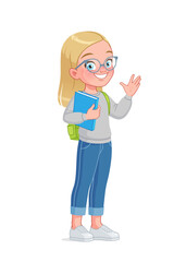 Cute little school girl in eyeglasses greeting. Cartoon vector illustration.