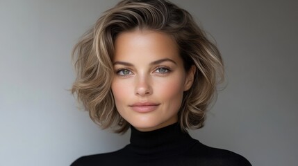 Stylish short wavy hair, perfect makeup and elegant look