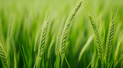 Green wheat field, summer growth, rural landscape, agricultural background, for food packaging