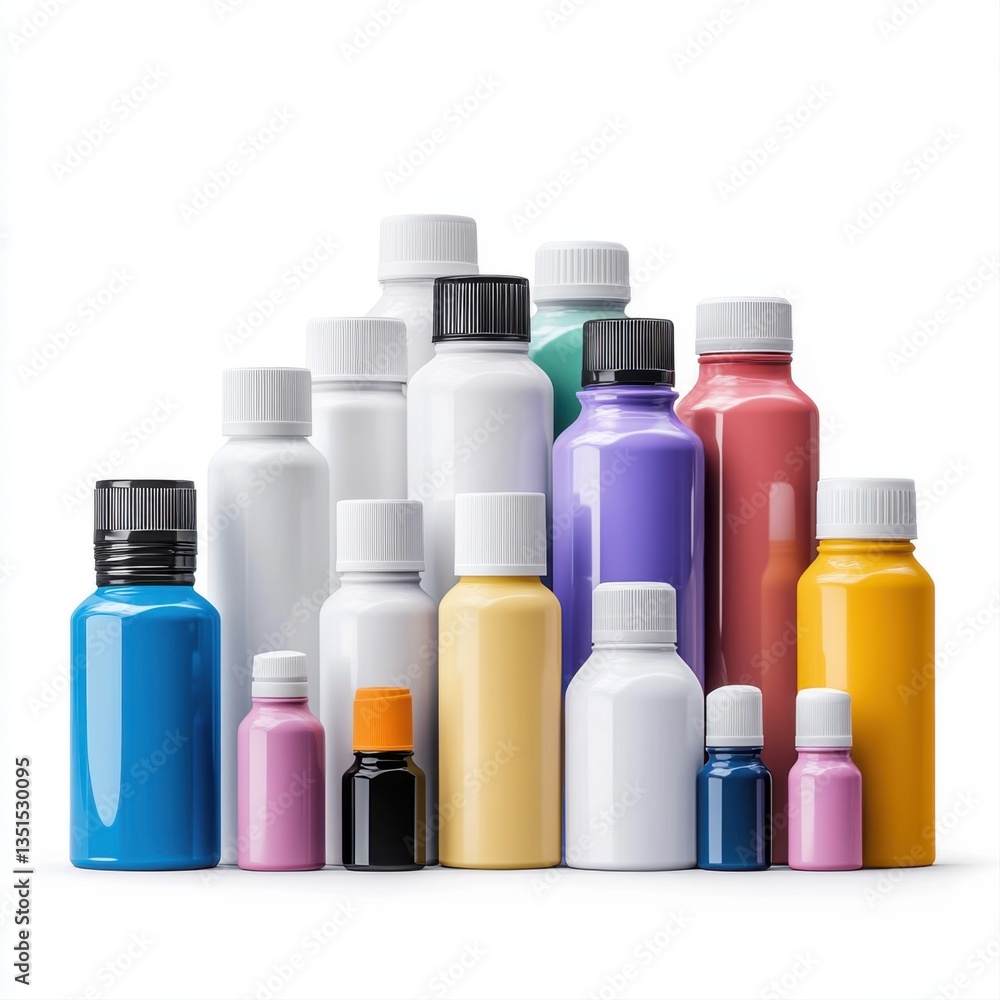 Poster assorted bottles of various sizes and colors on a white background for creative projects and design 