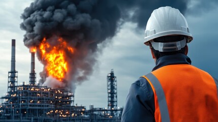 Obraz premium Worker Observes Industrial Fire at Oil Refinery, Safety Gear Present in Dramatic Scene of Hazard and Emergency Response