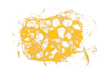 Bright yellow watercolor or ink stain with watercolor marks on transparent background.