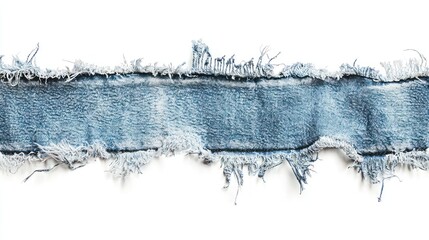 A torn denim fabric patch with frayed edges on white.