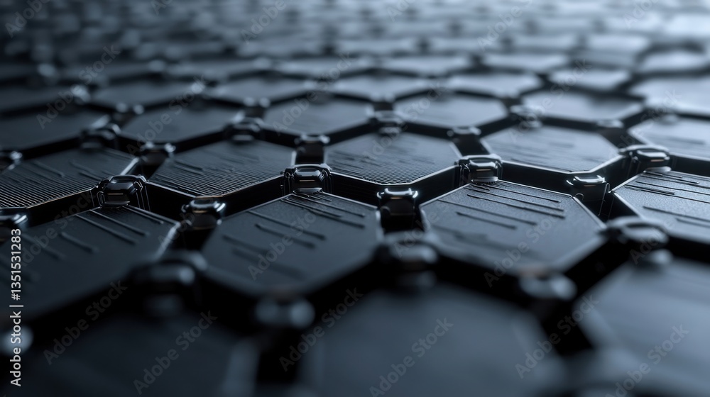 Poster close-up of a textured black hexagonal pattern with a modern design and shiny surface reflecting lig