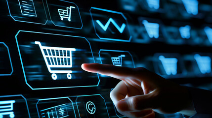 Interactive E-Commerce Interface: Hand Pointing at a Cart Icon Filled with Packages, Bags, and Ribbons on a Dark Blue Digital Screen with UI Elements