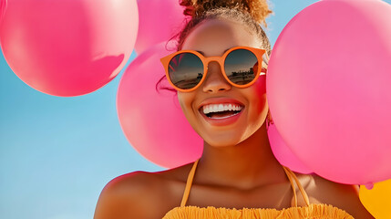 Happy woman with pink balloons at beach, summer fun, bright day