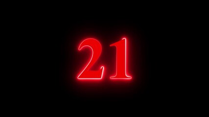 Neon text number 21 countdown icon background 4k animation . Neon dial 21 icon glowing black background animation, with Bright neon glowing number 21. - Powered by Adobe