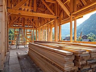  Timber frame construction site with interlocked beams, skeletal structure in progress, ladders and tools scattered, raw wood stacks await next build phase.