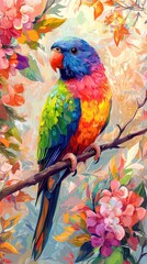 Fototapeta premium Vibrant rainbow lorikeet perched on a branch amidst a profusion of colorful blossoms. A digital painting capturing the beauty of nature.