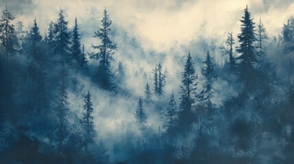 Misty coniferous forest in blue monochrome atmospheric landscape