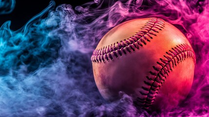 White baseball ball in multi colored red smoke from a vape on a black isolated background. Baseball balls flying in water drops and splashes isolated on a black background