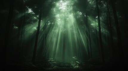 Mystical forest bathed in ethereal light.  Sunlight streams through the dense canopy, casting beams of emerald green light