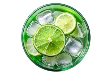 Refreshing lime slices and ice cubes in a vibrant green glass, a cool summer drink, perfect for a hot day.