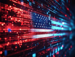 Obraz premium USA flag formed by red, white, blue data lines, embedded with graphs, dollar icons, represents digital trade, futuristic commerce through glowing tariffs