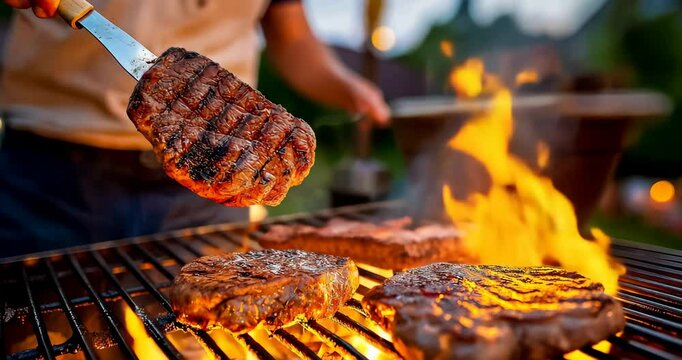 Grill Master Flips Steaks at Party