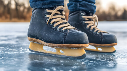 Ice skating on frozen lake, winter leisure activity, close-up of skates, blurred background