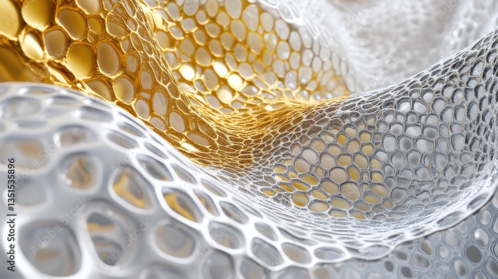 Poster unique textile creation featuring intricate mesh patterns in gold and silver hues designed for moder