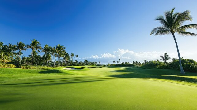 Serene Landscape of Lush Golf Course with Palm Trees Under Clear Blue Sky