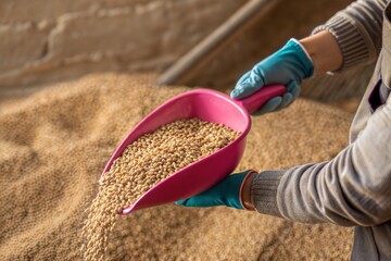 Farmer pouring wheat grains from a pink scoop