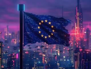  European flag glows digitally in circle formation, waving at dusk over futuristic skyline with drones, skyscrapers, and purple neon-lit skies