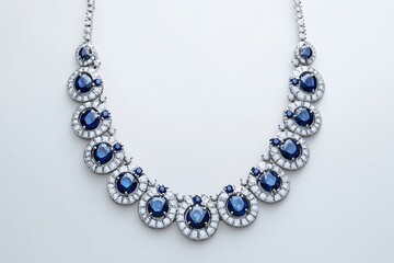 An elegant portrait of a diamond and sapphire necklace, with alternating stones, against a stark white background.
