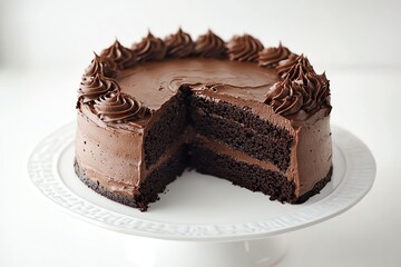 Chocolate Cake with Slice Removed on White Cake Stand