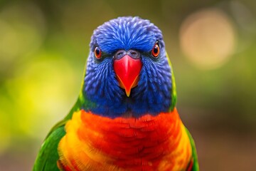 Naklejka premium A vibrant rainbow lorikeet stares intensely, its brilliant plumage a captivating spectacle against a softly blurred green backdrop.