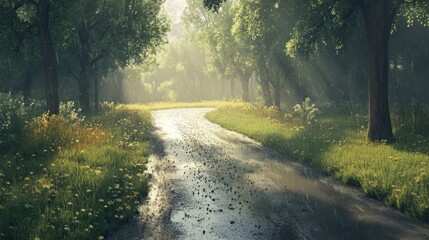 Obraz premium Sunlit shower, A tranquil path glistens after a refreshing downpour