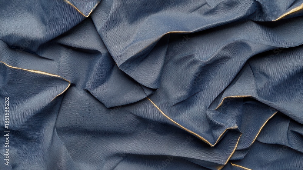 Poster close-up of artistic textured blue fabric with golden edges, creating an elegant abstract pattern.