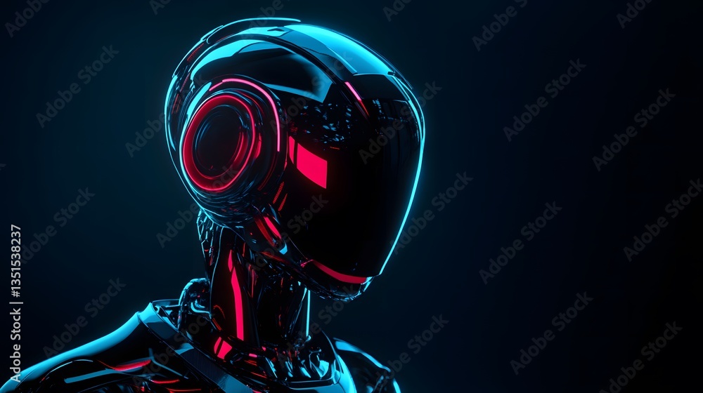 Poster futuristic ai android portrait with glowing cybernetic elements on dark sci-fi background