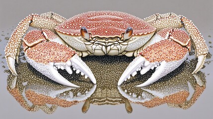 Ocean crab illustration, front view, reflection, grey background, seafood menu
