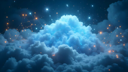 A night sky filled with ethereal clouds, a glowing blue nebula, and twinkling stars, creating a magical celestial dreamscape with bioluminescent particles and mystical illumination.