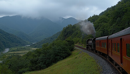 vintage steam train travels along scenic mountain route, surrounded by lush greenery and misty mountains. atmosphere is tranquil and picturesque