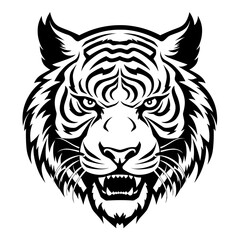 Detailed black and white illustration of a tiger head, perfect for graphic design and wildlife projects.