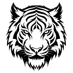 Detailed black and white illustration of a tiger head, perfect for graphic design and wildlife projects.