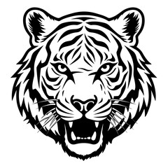 Detailed black and white illustration of a tiger head, perfect for graphic design and wildlife projects.