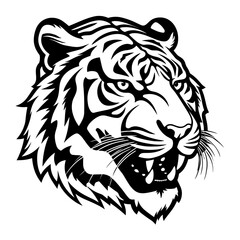 Detailed black and white illustration of a tiger head, perfect for graphic design and wildlife projects.