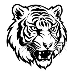 Detailed black and white illustration of a tiger head, perfect for graphic design and wildlife projects.