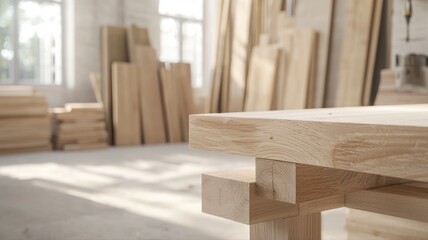 Close-up of wooden furniture in a sunlit workshop, showcasing craftsmanship and natural materials in the carpentry space.