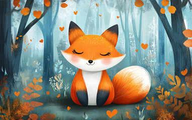Obraz premium cute cartoon fox illustration sitting in stylized forest with heart shapes and autumn leaves, peaceful animal character in orange and blue color palette for children or decoration