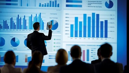 Business presentation with charts and graphs, corporate strategy meeting briefing